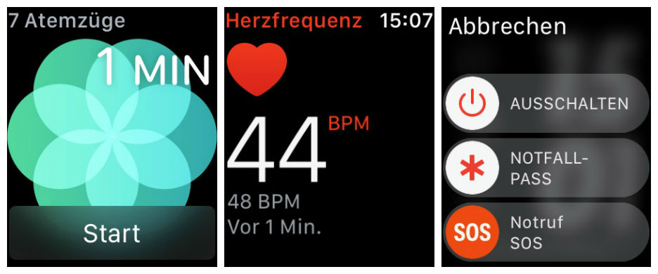 Apple Watch Screenshots, Atmen, Notruf, Pulsmessung